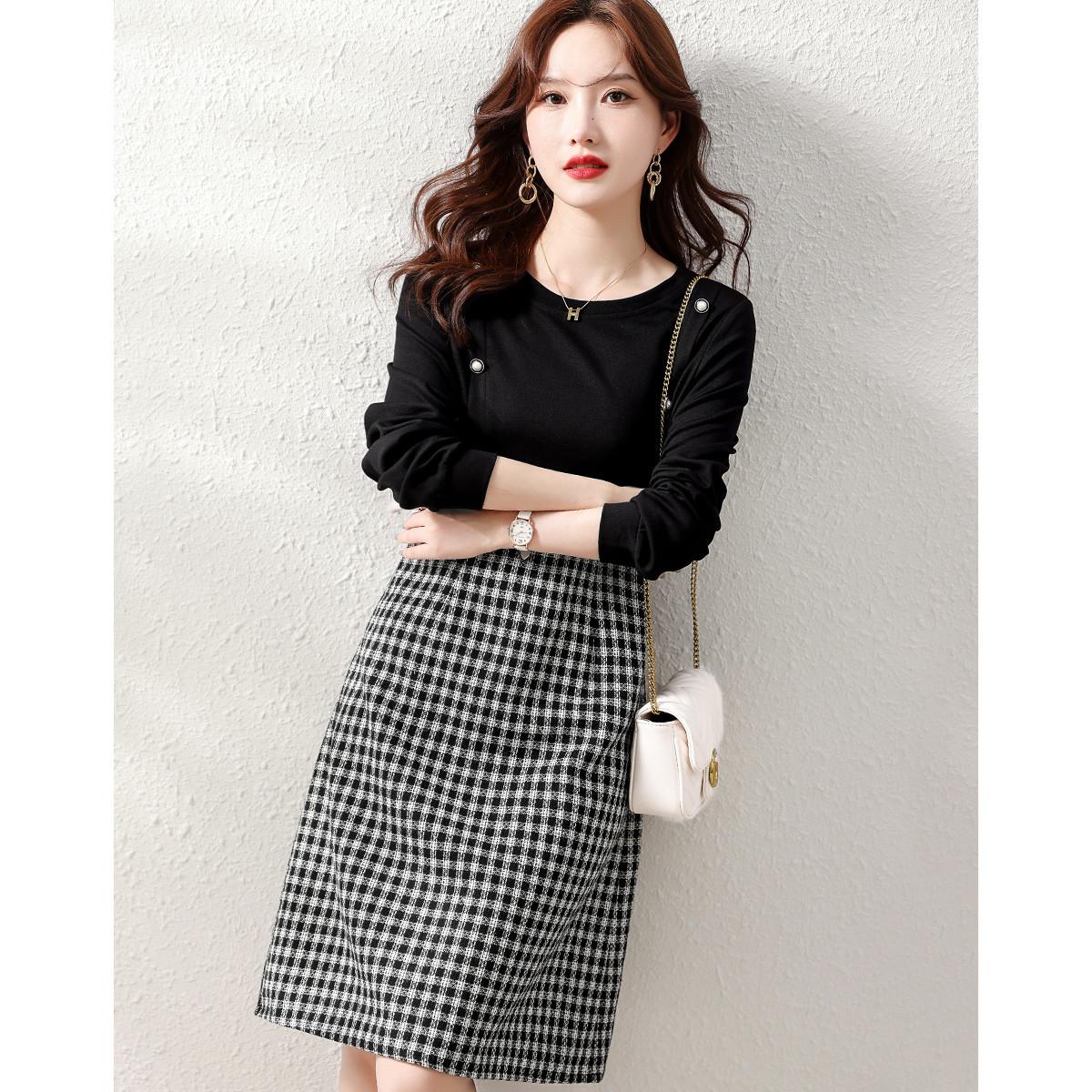 

Новая осенняя повседневная юбка с длинными рукавами, свободная корейская версия, клетчатое платье для женщин S чёрный