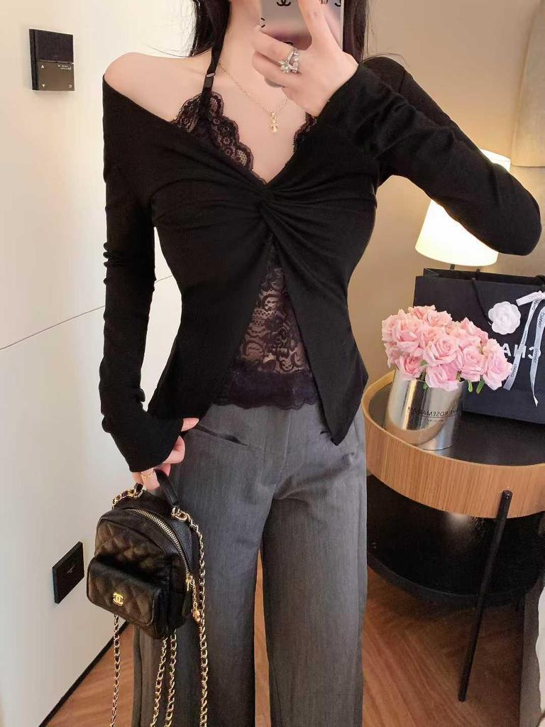 2025 Women's Korean Style Lace T-shirt - Long Sleeve Two-Piece Look with Chest Pads for Autumn/Winter.