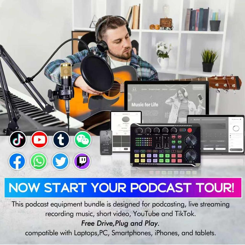 ALSO GO Podcast Equipment Bundle BM-800 Microphone Gold F998 Sound Card for Podcasting Singing Gaming Live Streaming YouTube TikTok