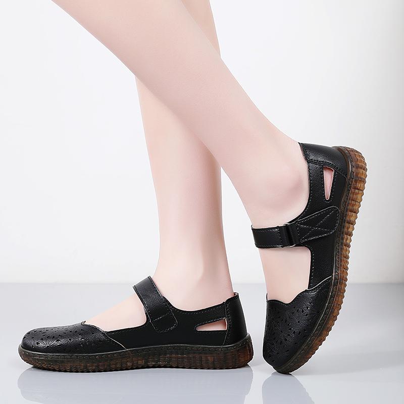 Hollow Genuine Leather Breathable Soft Flat Sandals Summer Women Shoes Woman Casual Solid Buckle Strap Ladies Sandals