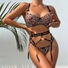 3 Pcs Leopard Lingerie Set Women Garter Sensual Erotic Animal Pattern Suit Intimate Sexy Cross Waistband Bra & Briefs Set 1200