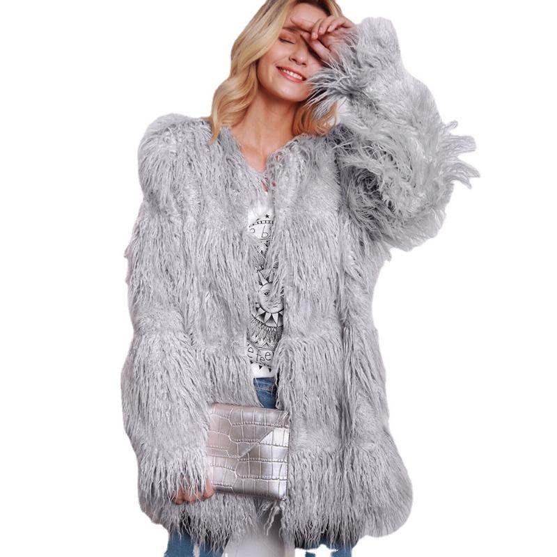 Crew neck imitation fur fashion women's medium and long coat Mao Mao coat looks thin
