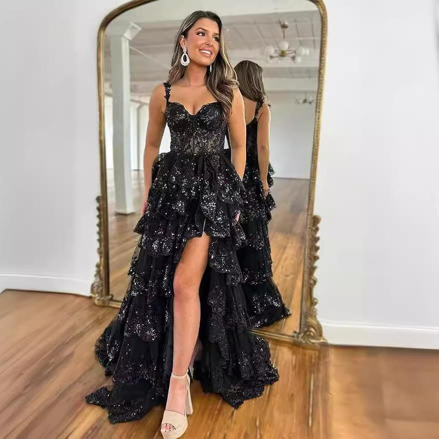 Long Layered Lace Tulle Ball Sexy Celebrity Dress Thin Straps Shiny Formal Gala Dress
