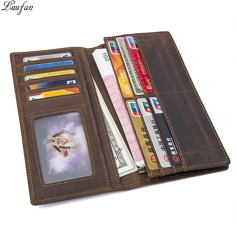 New Men's Crazy Horse Leather Long Wallet Brown Cow Leather Bifold Wallet With Phone Pocket Cowhide Long Leather Purse Card Case