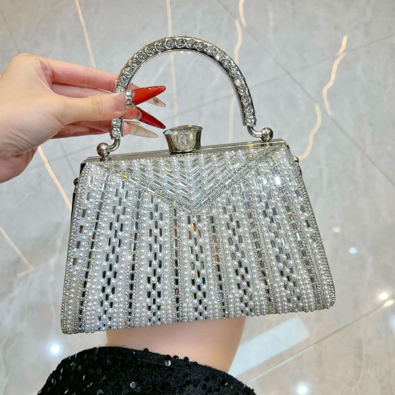 Evening Bag - A Small Shoulder Bag with A Shoulder Strap and Diamond Decorations - A Clutch Bag