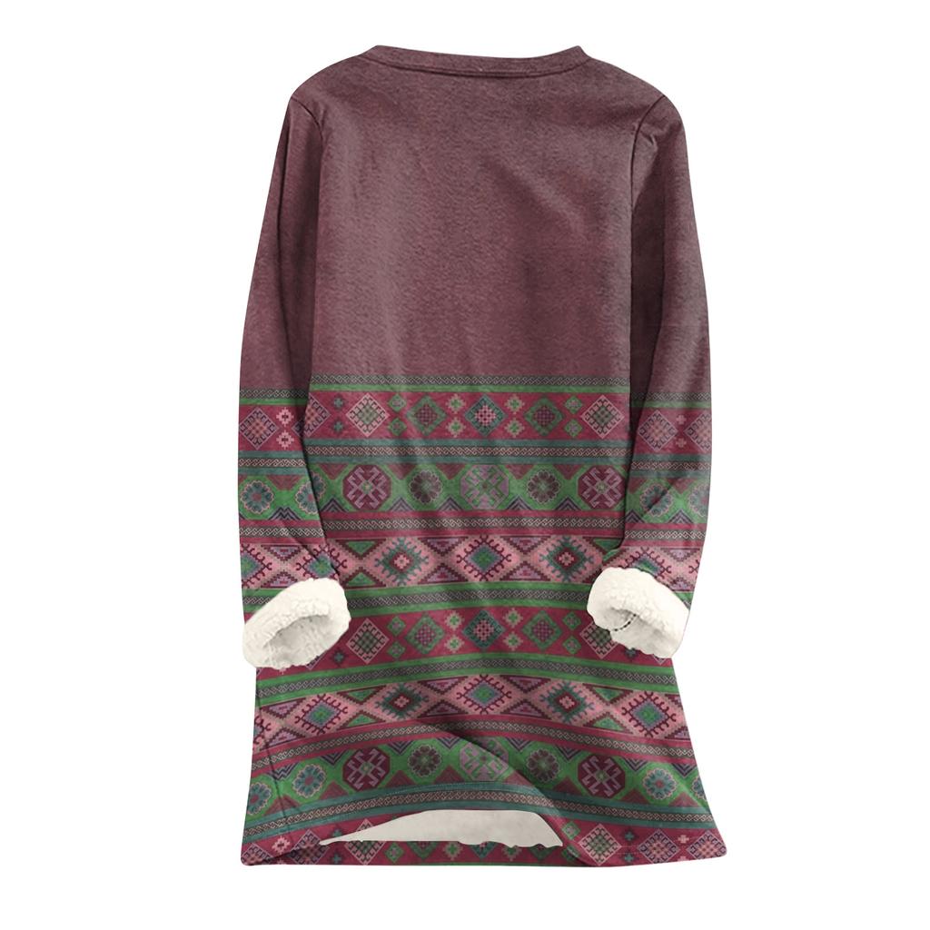 Dame Rundhals Topp Trykk Fortykket Plysj Kasjmir Varm Lang Topp