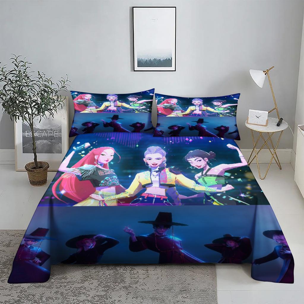 ZOEY RUMI ZIRA D-Demon Hunters K-pop Bed Sheet Set 3D Printed Bed Flat Sheet With Pillowcase Bed Linen King Queen Size