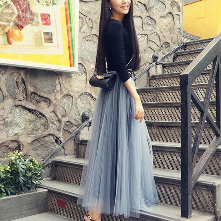 Women's High Waist Black Mesh A-line Midi Tulle Skirt