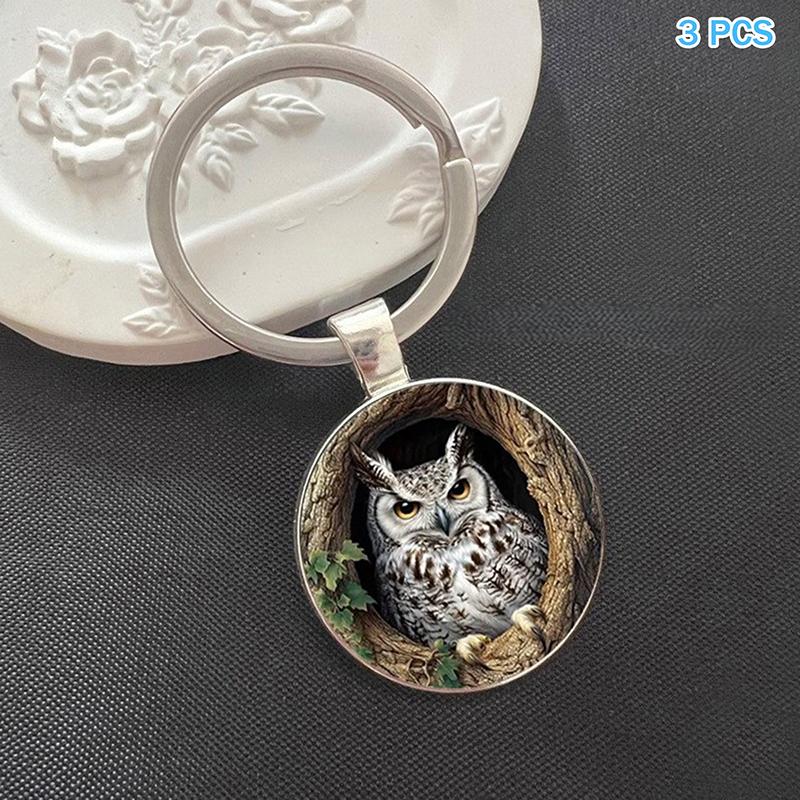 3 шт. Брелок-подвеска Сова Сова Ретро-узор Стеклянное выпуклое кольцо для ключей Креативный мужской и женский подвеска для автомобиля сумки Украшение