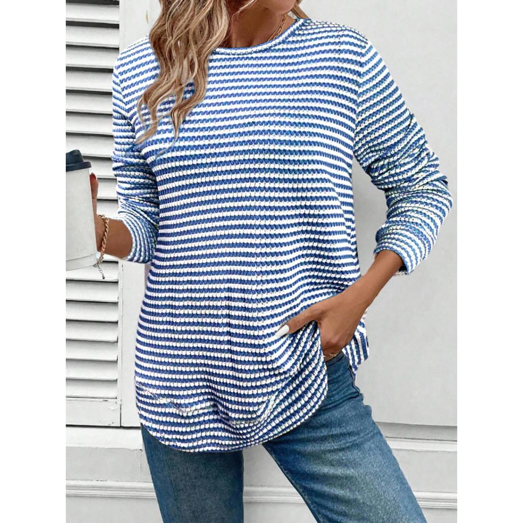 Women's Casual Long Sleeve Knit Hollow Stripe Round Neck Pullover T-shirt Top, Autumn Winter Fashion Top for Crossborder