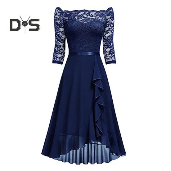 

Сексуальное платье-платье с открытыми плечами, облегающее талию, платье миди с кружевными вставками, рукавами до локтя, неровным оборчатым подолом, шифоновое платье S темно-синий