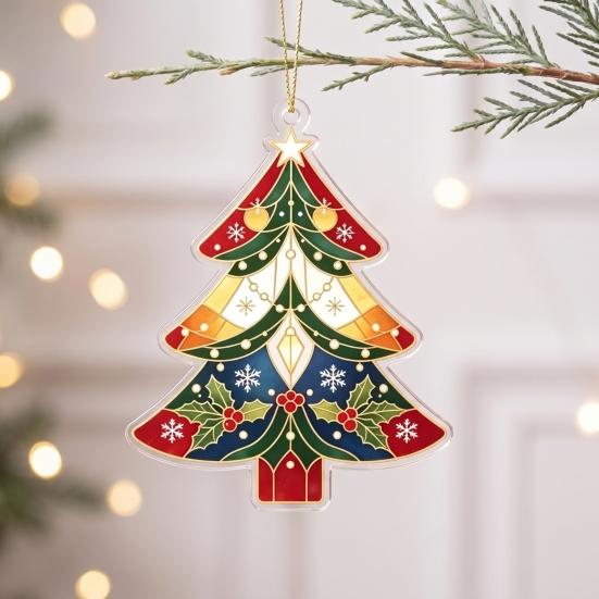 Customizable Style Hanging Ornament 2D Flat Acrylic Christmas Tree Ornament, Vintage Stained Lightweight Pendant with Lanyard Glass Pendant,
