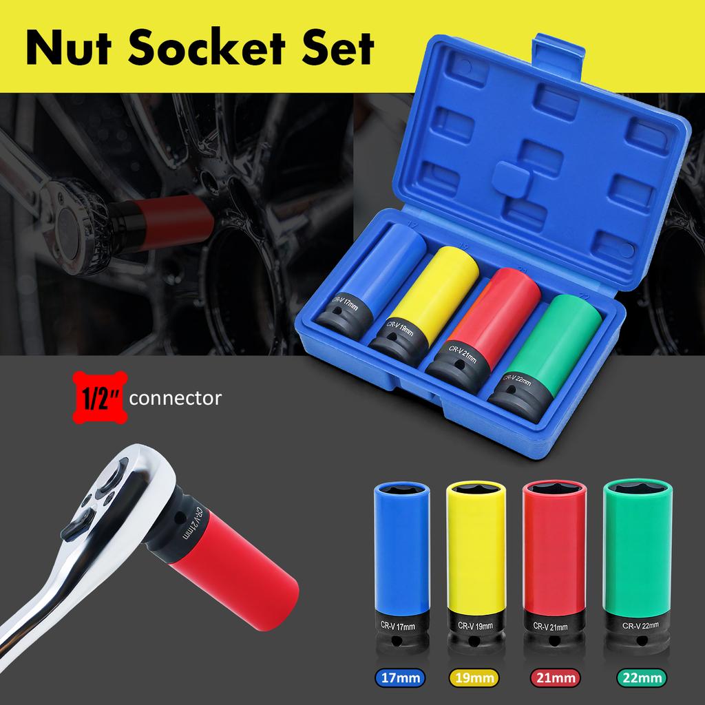 1/2" Drive Lug Nut Socket Set Drive Wheel Socket Auto Repair Protector Impact Sleeve Set 15mm, 17mm, 19mm, 21mm, and 22mm