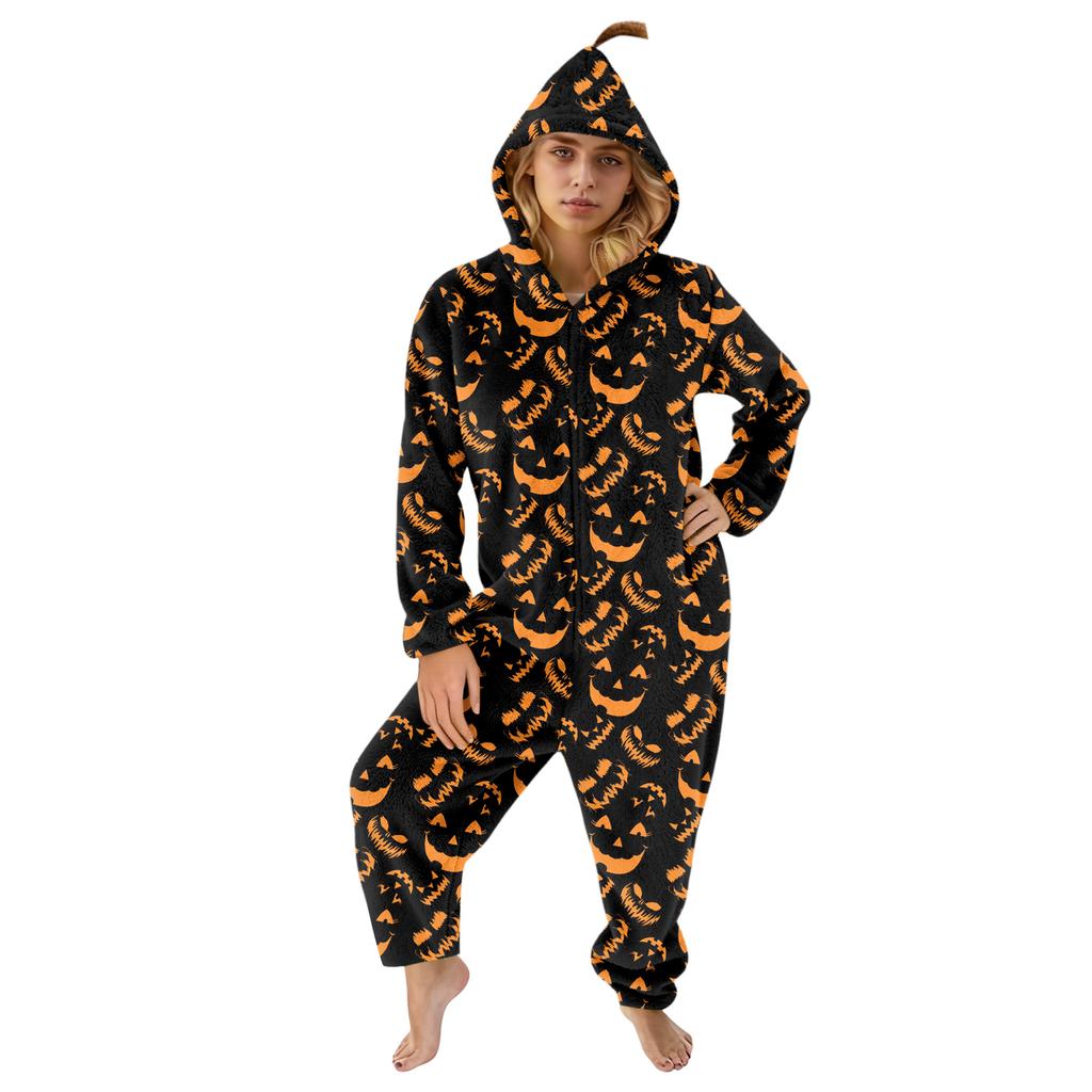 Damen Flannel Overall Loungewear Set mit Halloween-Print für den Urlaub