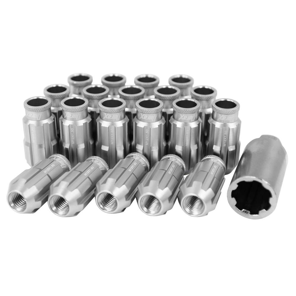 Piuliță roată Durax Aluminiu Ușor Piuliță de curse M12 P1.5 Piuliță trecătoare Tip lung cu set de 20 piulițe de blocare (Argint/argint)