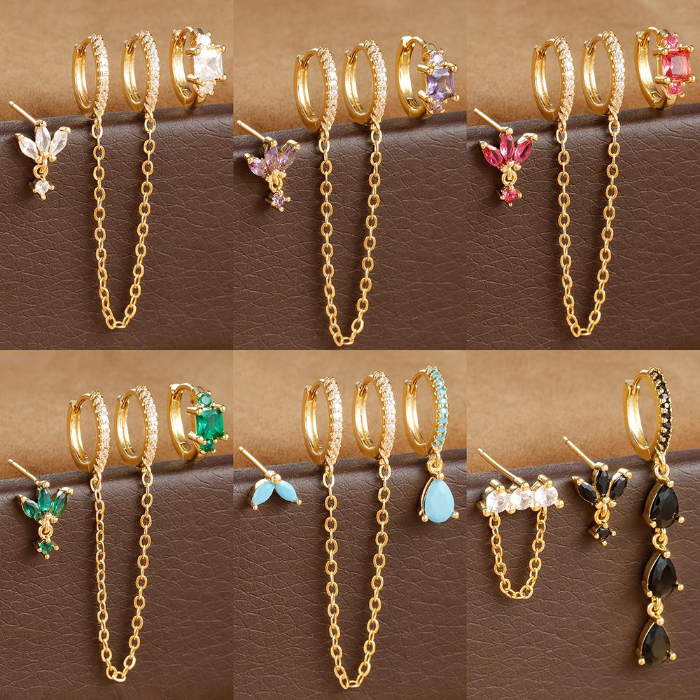 3PCS Stainless Steel Long Chain Two Hole Piercing Earrings Set for Women Tassel Horse Eye Zircon Small Hoop Earrings Jewelry