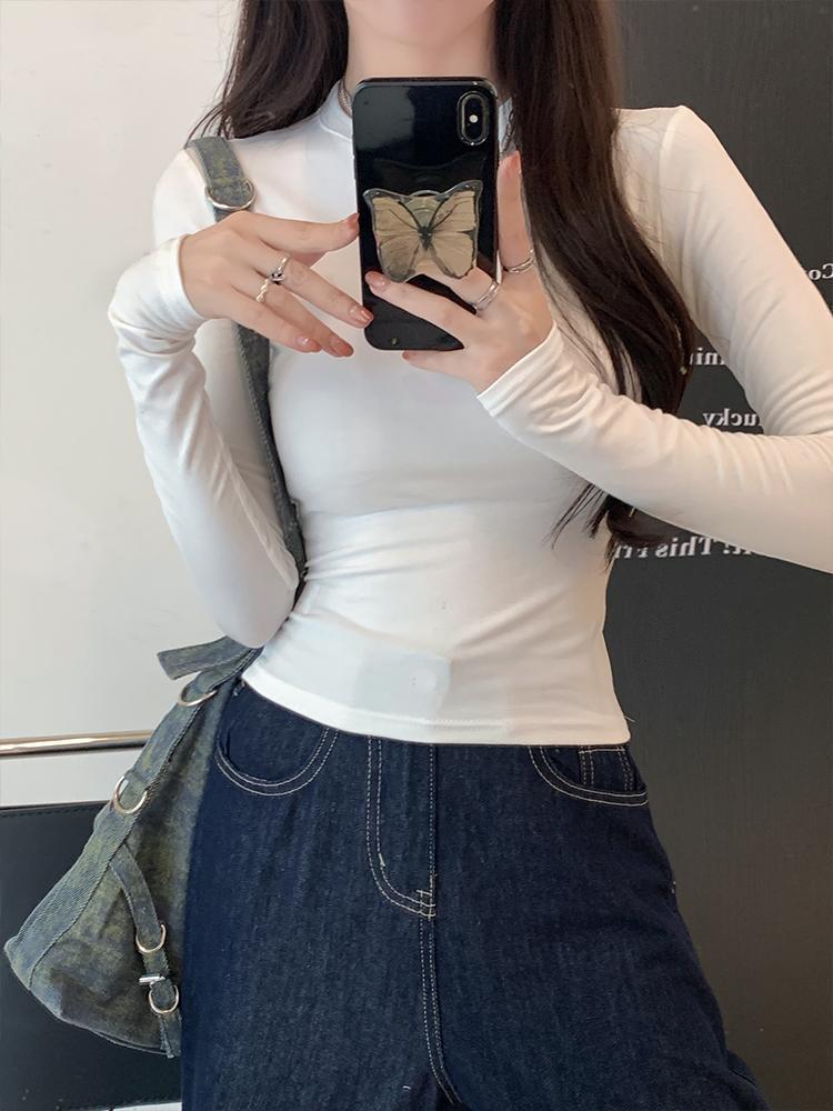 Women's Slim Fit Long Sleeve T-Shirt - Spring/Autumn 2026, White Base Layer, Trendy Versatile Style