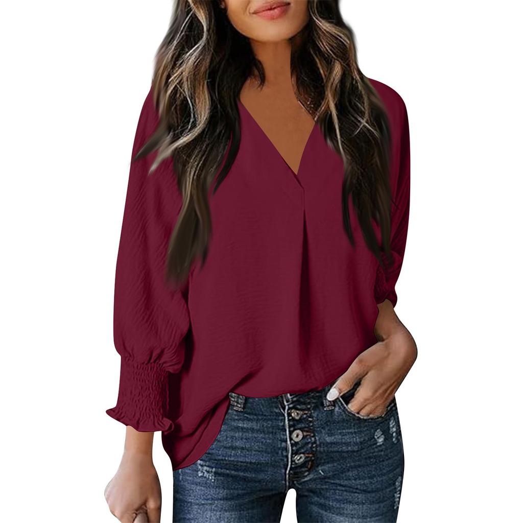 Women's Fashion V-neck Casual Long Sleeve Loose Shirt Blouse Tops Smock T-Shirt
