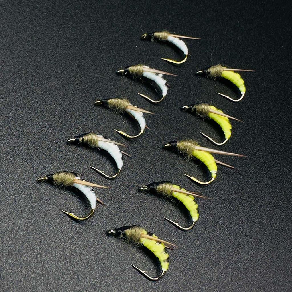 5/10 szt. Muchy do wędkarstwa muchowego Przynęta na pstrąga|2 mieszane kolory Muchy do wędkarstwa muchowego| Suche muchy, Ćmy żółto-białe-Materiał Sztuczne pióro&Rayon