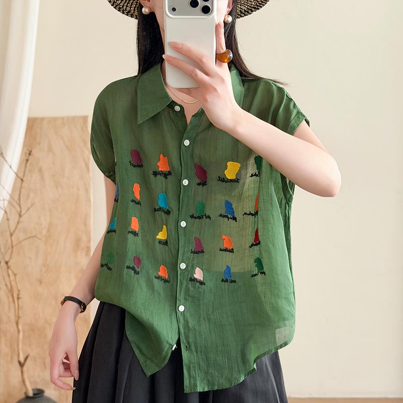 DIMANAF 2026 Summer New Plus Size Women Blouse Shirt Casual Lady Tops Tees Loose Embroidery Floral Cotton