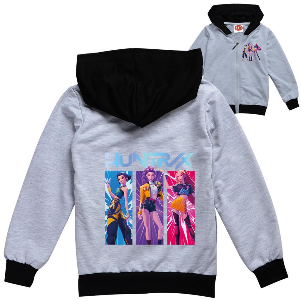 Kids Girls Anime Cartoon K-Pop Rumi Zoey Mira Print Casual Hooded Long Sleeves Zipper Jacket Coat