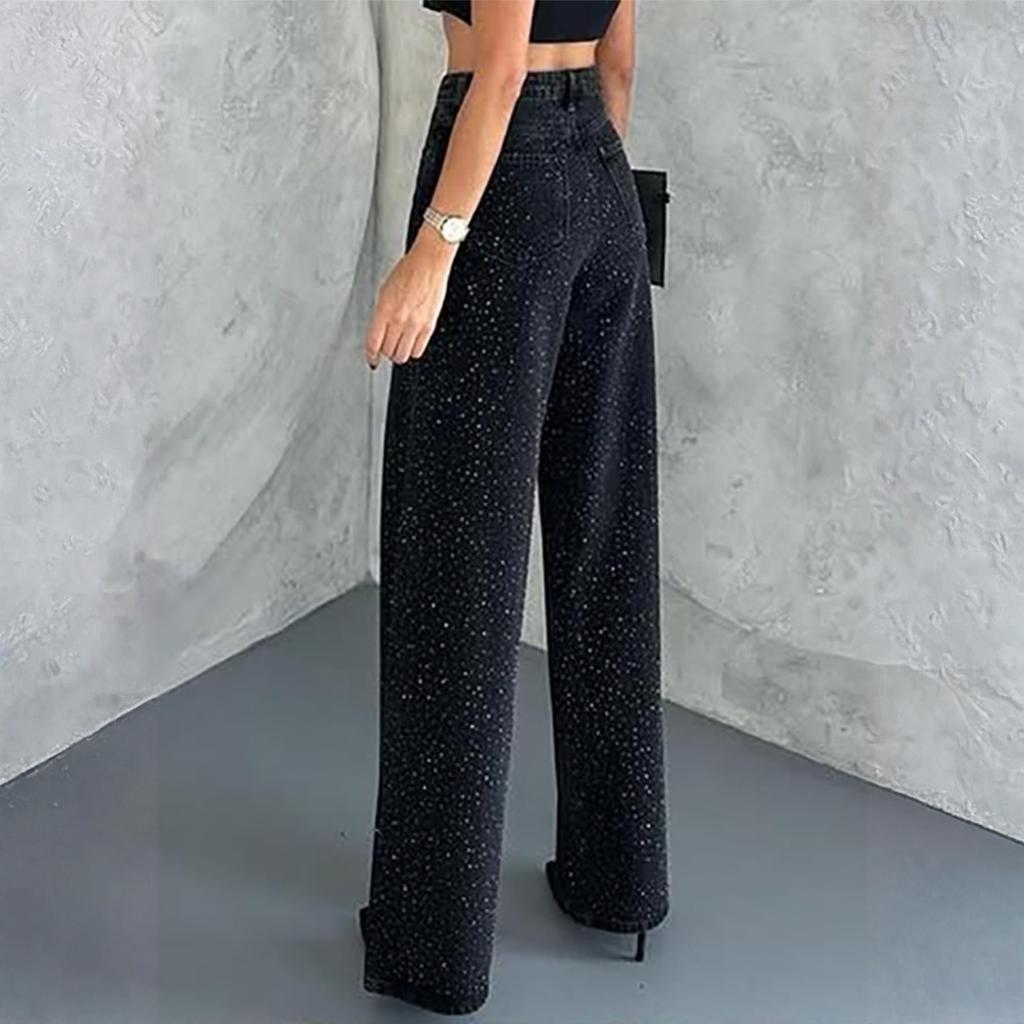 Calças de Jeans Femininas com Strass Cintura Alta Retas Perna Larga Jeans Brilhante