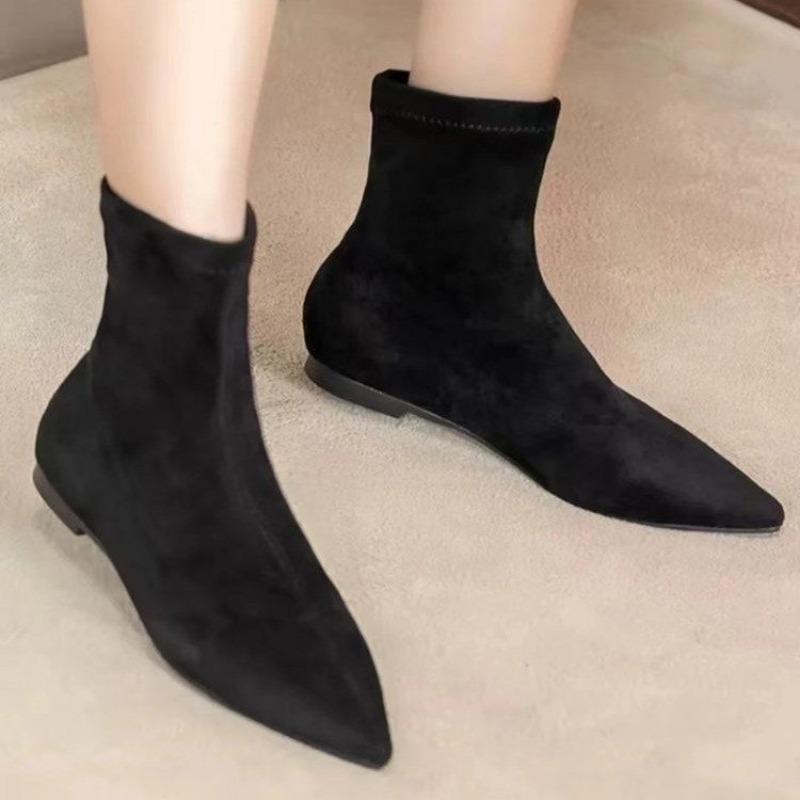 Autumn and winter new simple matte suede flat socks boots low heel thin boots temperament pointed short boots