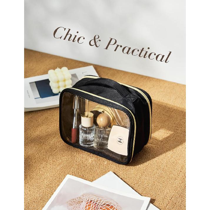 Yarnic Clear Travel Makeup Bag Transparent Portable Toiletry Bags Two Compartments Cosmetic Bag with Handle Nylon and PVC Makeup Organizer Pouch