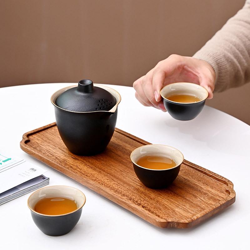 Black pottery Kuaike cup, one cover bowl, three cups ceramic travel tea set, portable outdoor souvenir set, business gift.