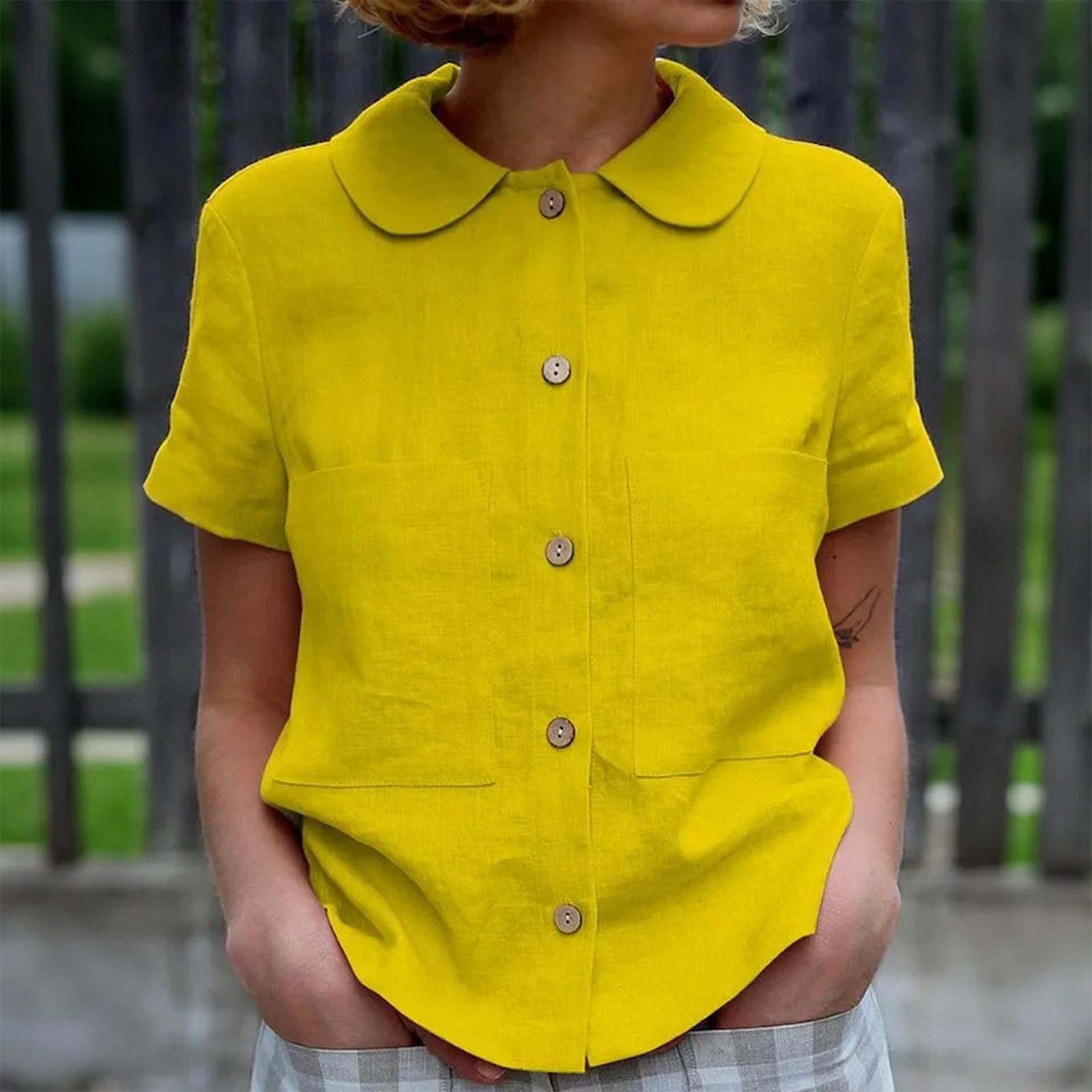

Женский модный однотонный топ с короткими рукавами и круглым вырезом на пуговицах S жёлтый