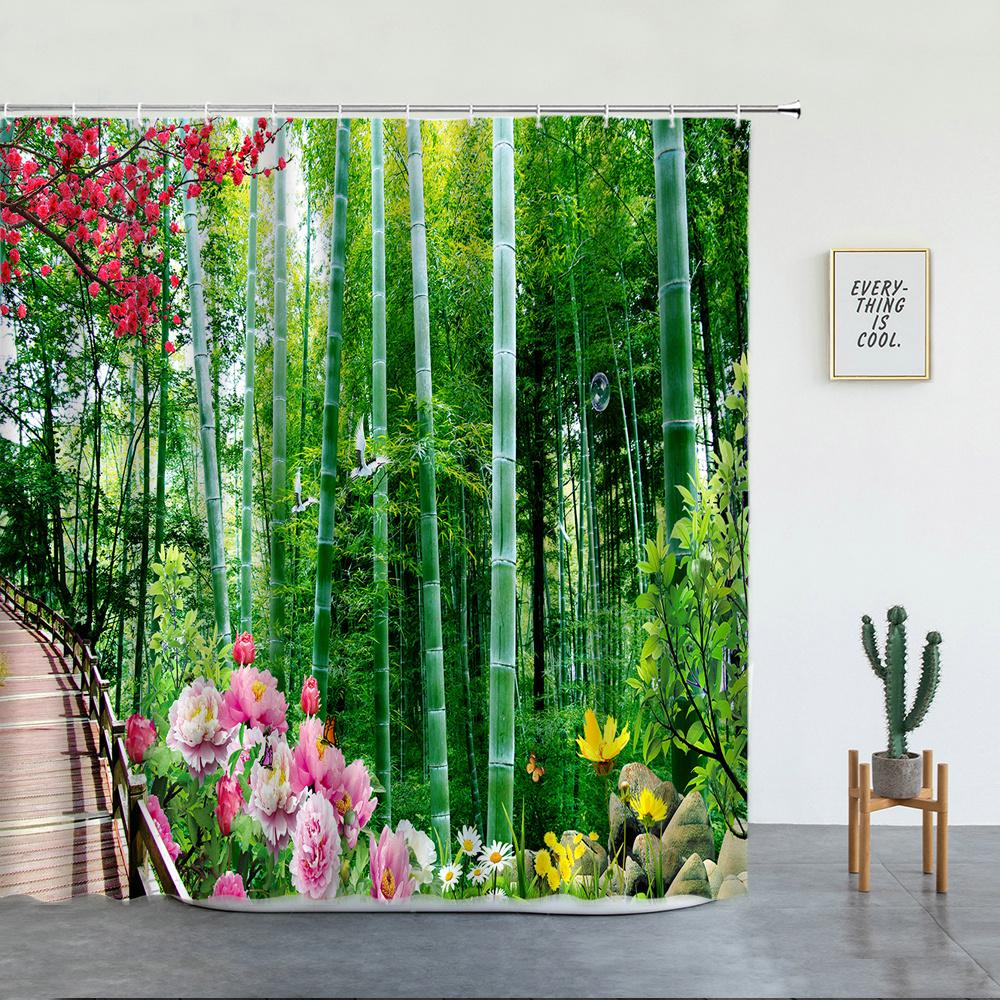 Forest Waterfall Landscape Shower Curtains Tropical Rainforest Green Bamboo Mountain Printed Fabric Luxury Bathroom Decor Hooks