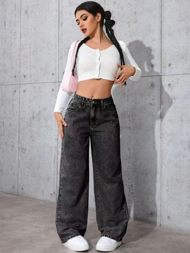 Avrupa & Amerikan Yüksek Bel Bol Düz Kot Pantolon - Kadınlar İçin Tatlı & Baharatlı Stil, İlkbahar & Sonbahar Modası.