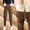 Women Autumn Winter Corduroy Harem Pants Elastic Waist Pockets Solid Color Long Trousers Thickened Fleece Lining Casual Pants