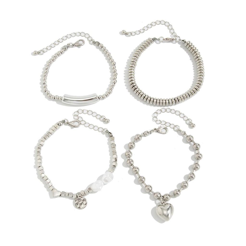 4-piece/set Fashion Imitation Pearl Metal Heart-shaped Pendant Bracelet for Women's Creative Silver Cubic Chain Jewelry