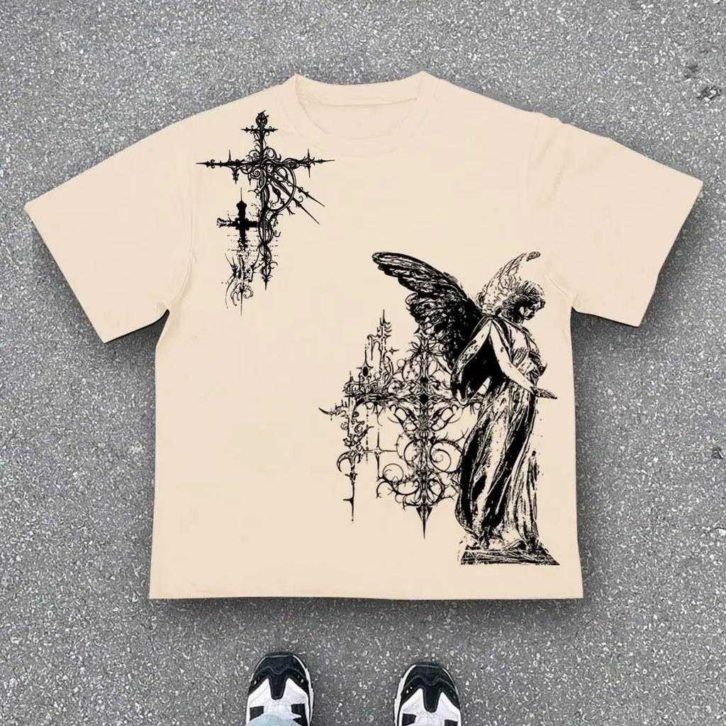Retro Gothic Tshirt HipHop Streetwear Harajuku Tshirt YK Shirt with Print Casual Loose Streetwear Gender Neutral
