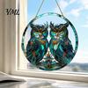 Creative Housewarming Gift Double Owl Suncatcher Window Hanging Ornament, Stained Glass Style Circular Wall Artistic Ornament Decor, Green Art