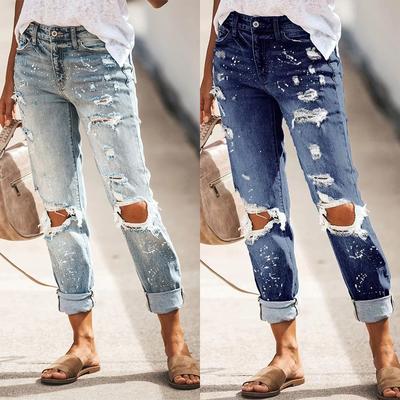 Fashion Ladies Washed and Torn Straight Printed Denim Trousers Women