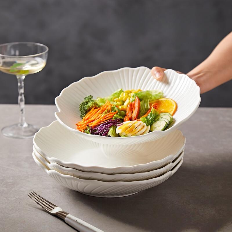 Elegant White Ceramic Chrysanthemum Petal 10-inch Deep Plates, Set of 4