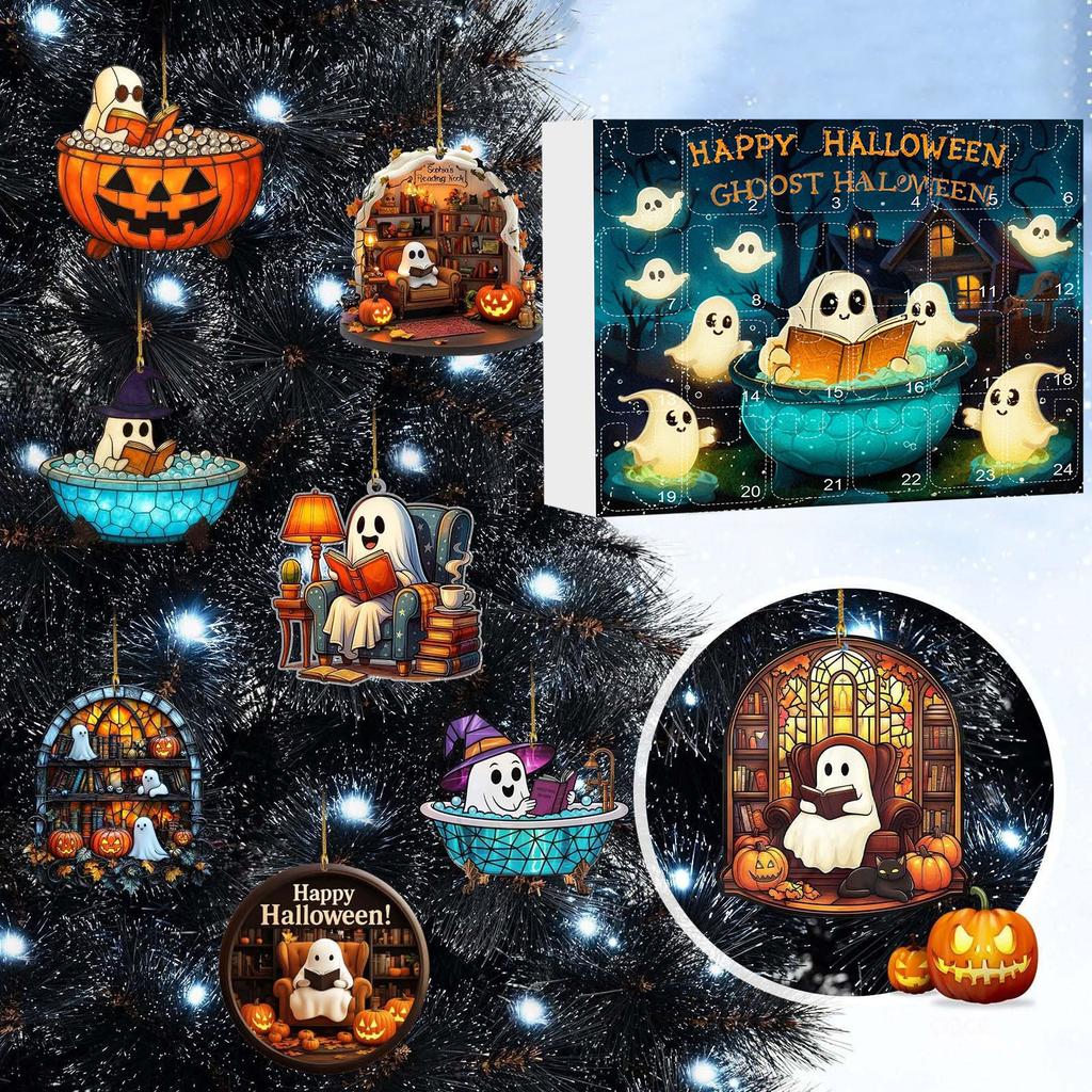 2025 Halloween Advent Calendar, 24 PCS Acrylic Ghost Reading Hanging Decorations, 2D Flat Acrylic Ghost Reading Hanging Ornament, Countdown Decor
