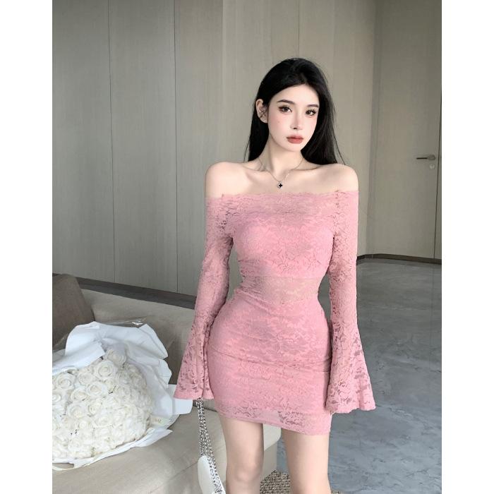 Spring Autumn Sexy Fashion Off the Shoulder Bodycon Lace Dress Women Flare Long Sleeve Slim Mini Vestidos Robe
