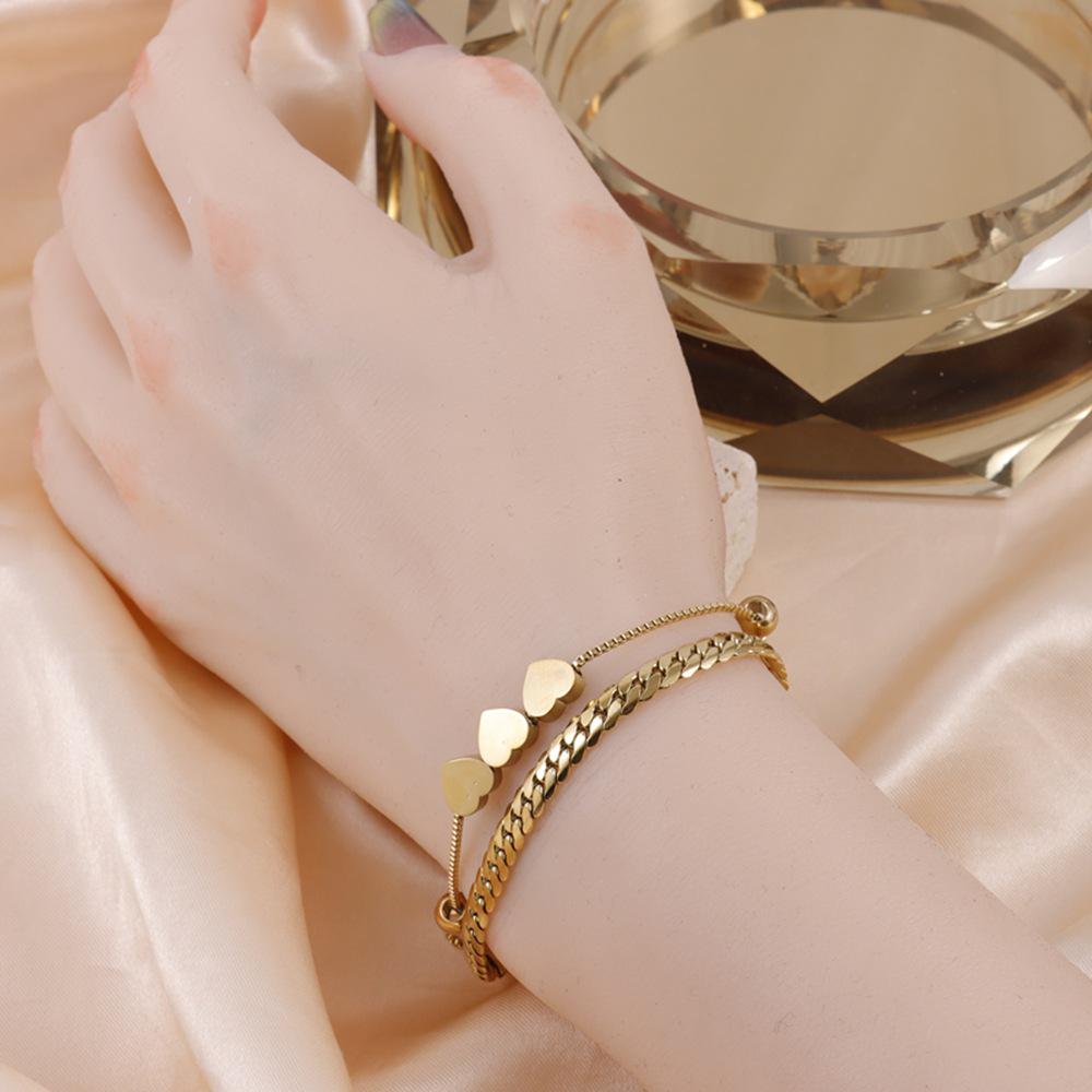 18K Gold Plated Double Layer Heart & Pearl Pendant Bracelet for Women