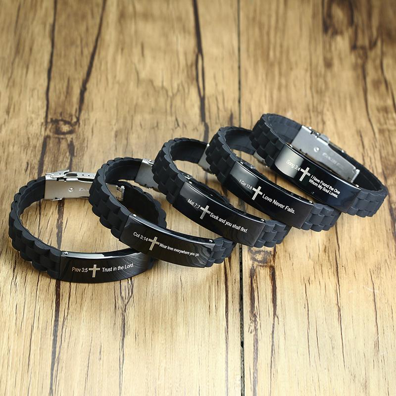 Vnox Religious Cross Jesus Scripture Quote Christian Bible Verse Inspiring Faith Silicone Bracelets for Men Personalize