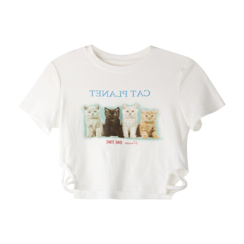 Ženy Trička s krátkým rukávem Crop Tops Potisk pro kočky Crew Neck Trička Slim Fit Léto Neformální Košile s odhaleným pupkem Streetwear