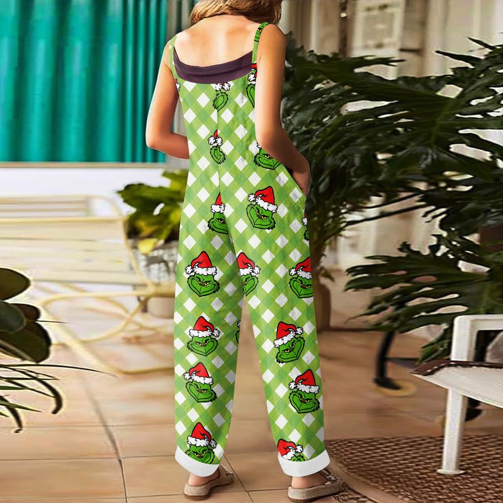 Women's Cotton Linen Overalls - Casual Loose Fit Retro Print Jumpsuit with Pockets
