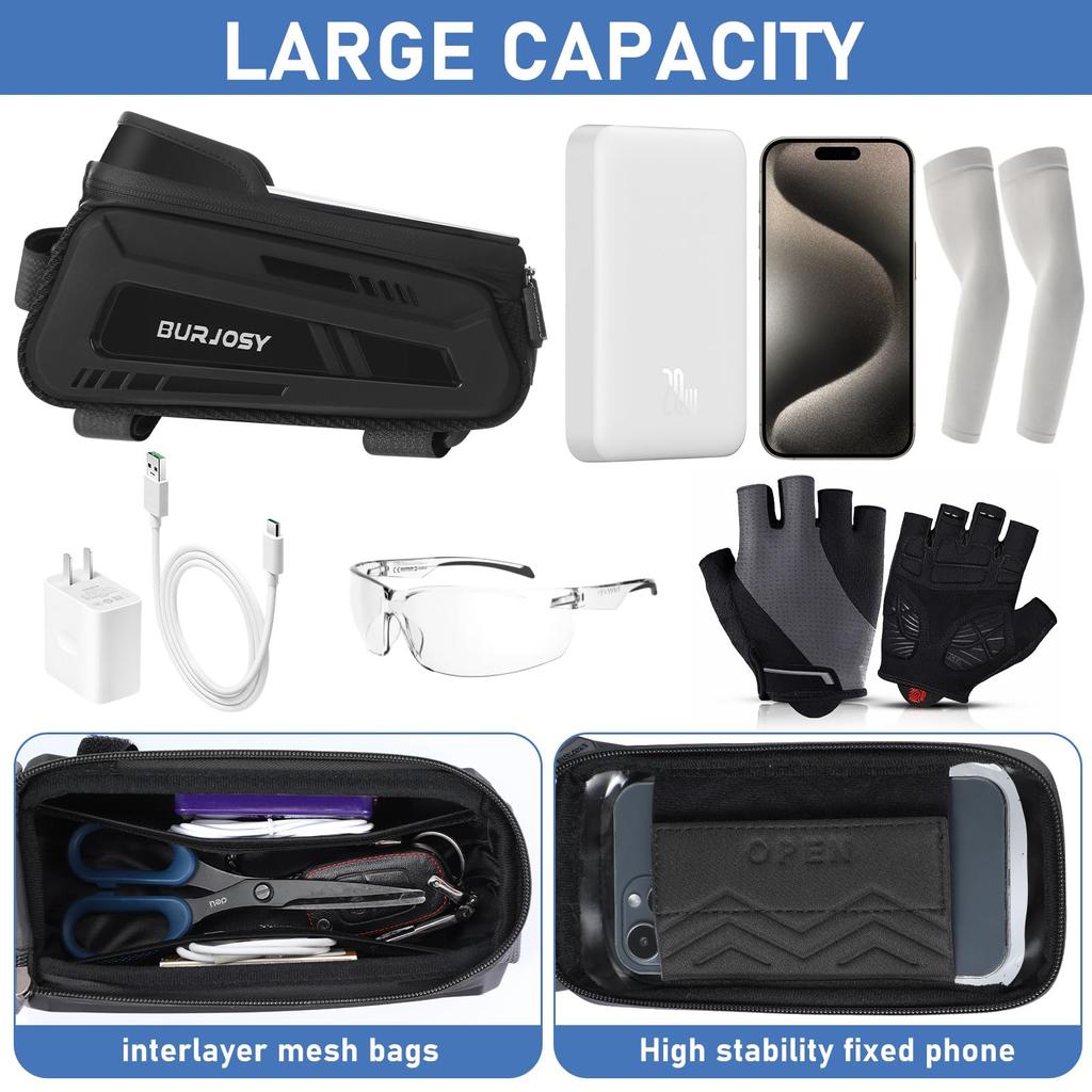 BURJOSY Waterproof Bicycle Bag with TPU Touch Screen Sun Bicycle Smartphone Bicycle Accessory Compatible with Cell Phones Under 7 Inches & Visor,
