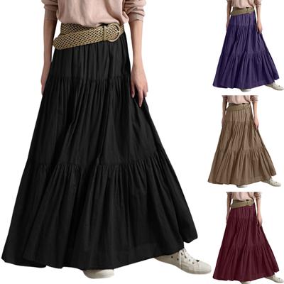 Women's Ruffle Spring Casual Maxi Dress Plain Skirt Retro  Pleated Skirt