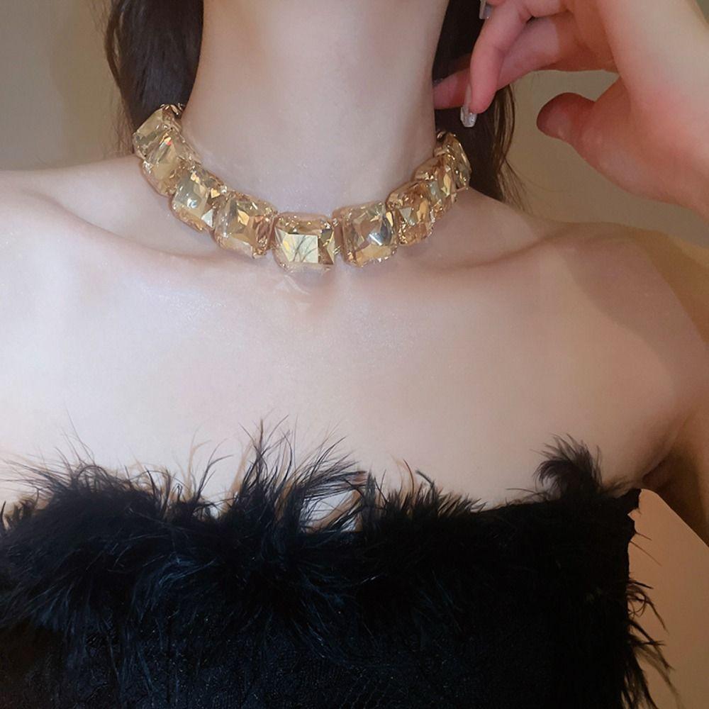 Koreanischer Stil Quadratisches Kristall Schmuckset Kopfkette Funkelndes Halsketten Set Geburtstagsgeschenk