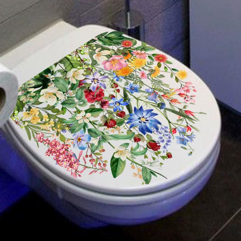 1Pcs Flower Floral Toilet Stickers Green Plant Leaves Wall Stickers Decoration Waterproof Self-Adhesive Decals Bathroom Sticker