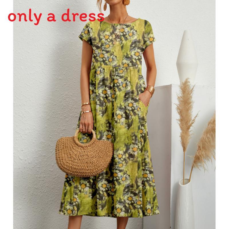 Cotton Linen Floral Print Summer Dress With Round Neck For Women