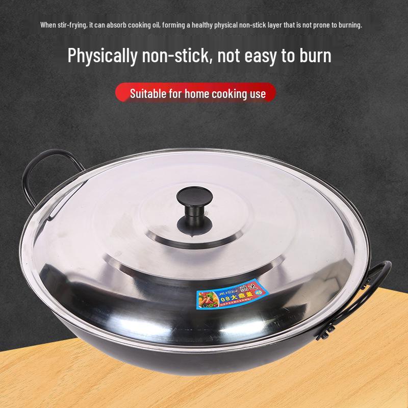 Classic Cast Iron Wok with Stainless Steel Lid - No Coating, Double Handle, for Restaurant Use